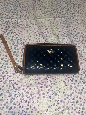 Consuela Blue Patent Quilted Zip-Around Wristlet wallet with Tan Trim